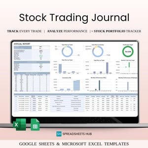 Może przedstawiać: Laptop z dziennikiem transakcji giełdowych z wykresami i danymi. Ekran wyświetla raporty finansowe i wskaźniki wydajności. Tekst zawiera "TRACK EVERY TRADE | ANALYZE PERFORMANCE | + STOCK PORTFOLIO TRACKER". Ikony Excel i Google Sheets na dole.