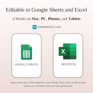 May include: Image featuring two app icons: Google Sheets and MS Excel. Text above reads "Editable in Google Sheets and Excel" and "Works on Mac, PC, Phones, and Tablets." The Spreadsheet Hub logo is also visible. Below, text encourages customization.