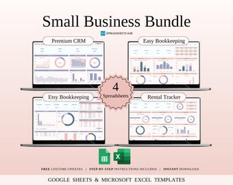 May include: A digital marketing bundle for small businesses, featuring four Google Sheets templates: Premium CRM, Easy Bookkeeping, Etsy Bookkeeping, and Rental Tracker. The templates are displayed on laptop screens with a pink and blue color scheme. The text "4 Spreadsheets" is highlighted in a blue circle.