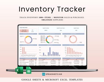 May include: A laptop screen showing an inventory tracker dashboard with charts and data. The text "Inventory Tracker" is at the top. The screen displays data for inventory, sales, and purchases. The bottom of the image has the text "GOOGLE SHEETS & MICROSOFT EXCEL TEMPLATES".