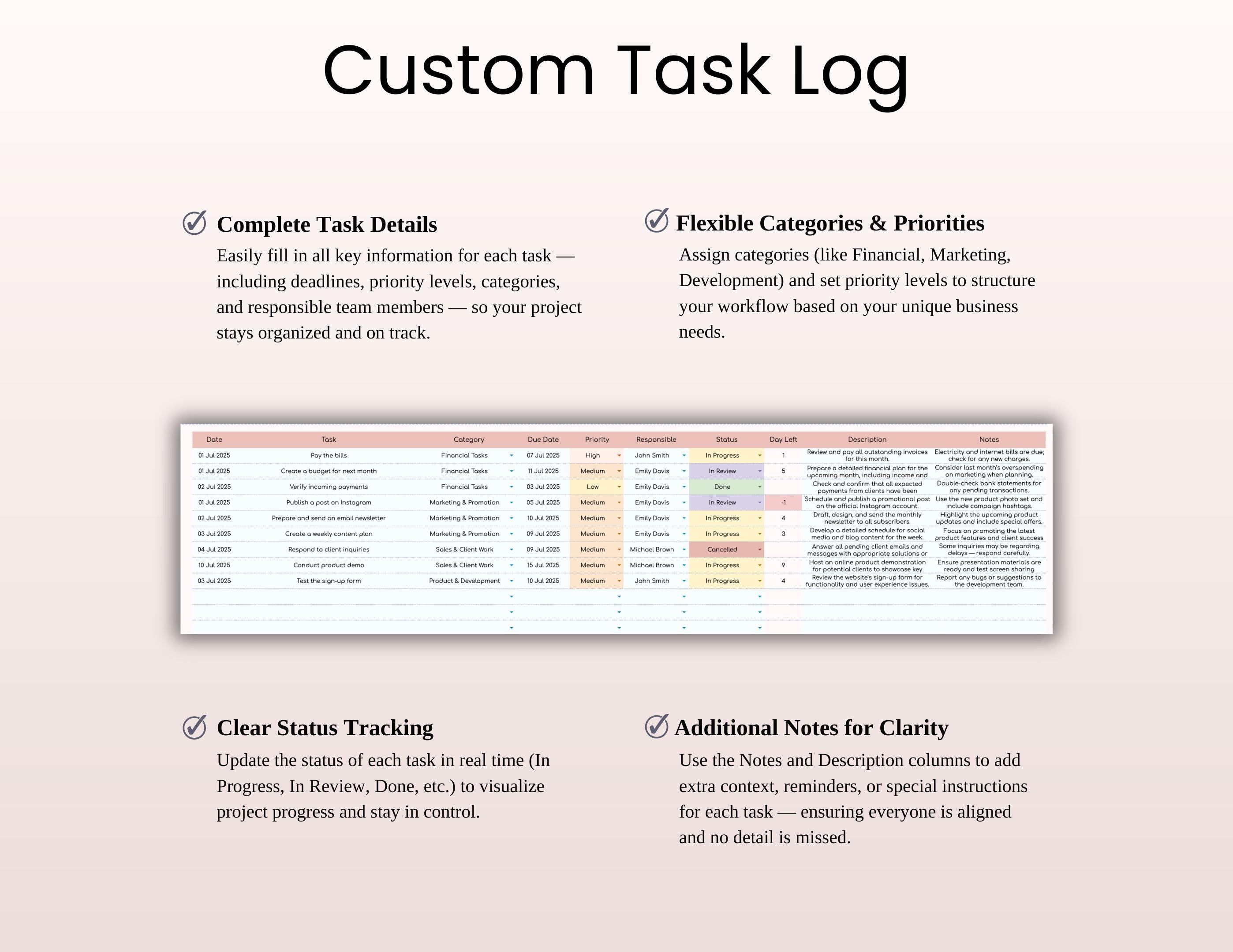 Task Tracker Template | Google Sheets & Excel Productivity - Etsy