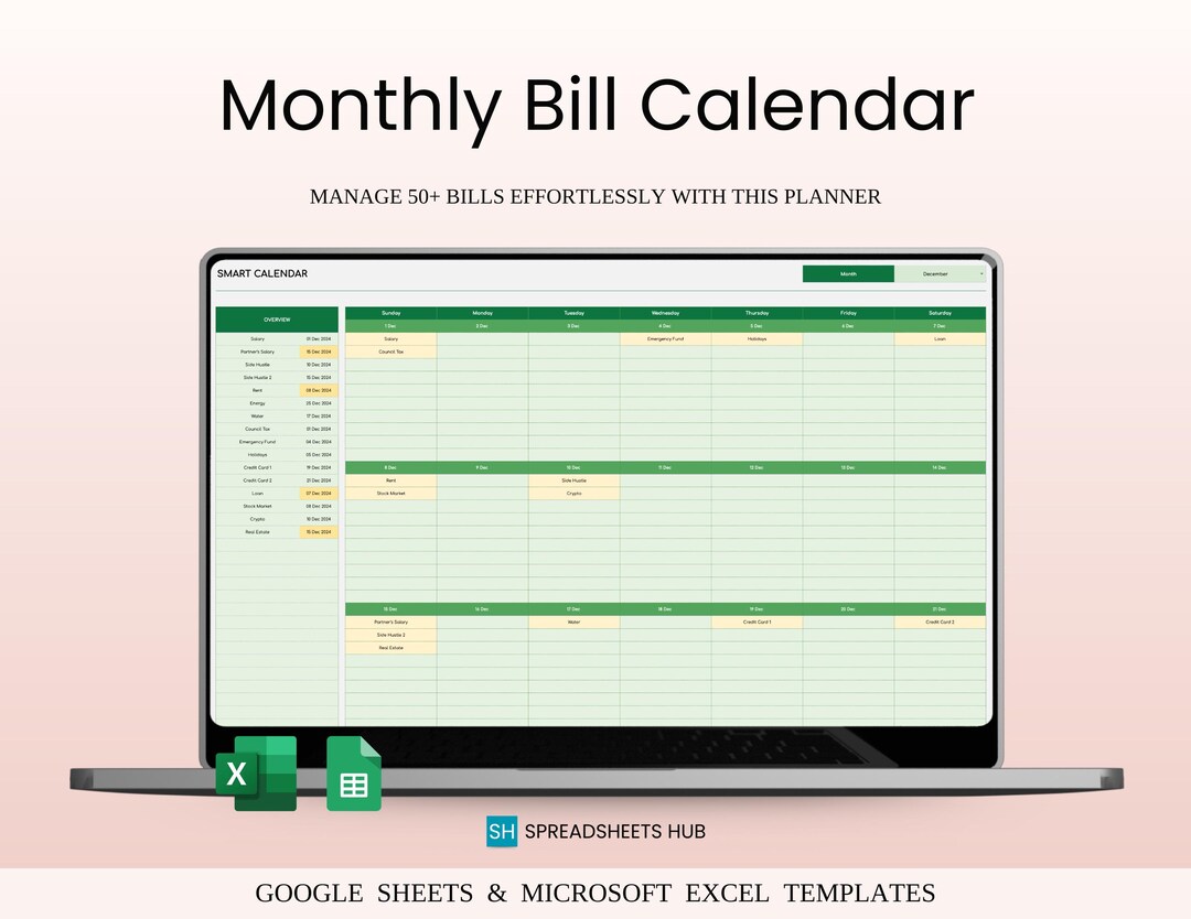 Monthly Bill Calendar Spreadsheet | Excel & Google Sheets (digital ...