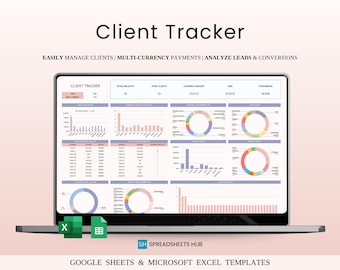 May include: A laptop screen displaying a spreadsheet titled "Client Tracker" with charts and graphs showing data about clients, projects, and conversions. The spreadsheet is designed to help manage clients, track multi-currency payments, and analyze leads and conversions. The spreadsheet is available as a Google Sheets and Microsoft Excel template.