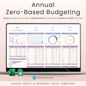 Jährliche nullbasierte Budget-Spreadsheet, Haushalts-Tracker (Excel & Google Sheets)