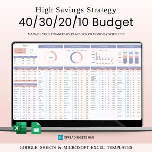 40/30/20/10 Budget Spreadsheet Template | Excel & Google Sheets | High Savings Strategy | 40/30/20/10 RULE