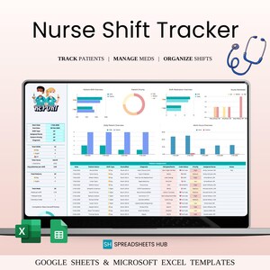 Puede incluir: Una pantalla de portátil que muestra una plantilla "Nurse Shift Tracker". La pantalla muestra gráficos y tablas de datos para el seguimiento de pacientes, la gestión de medicamentos y la organización de turnos. Incluye el texto "TRACK PATIENTS | MANAGE MEDS | ORGANIZE SHIFTS".