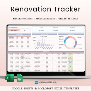 May include: A laptop screen showing a renovation tracker spreadsheet. The screen displays data in tables and charts, with the title "Renovation Tracker". The text "TRACK PROGRESS | MANAGE BUDGET | ORGANISE TASKS" is also visible.