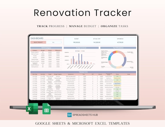 Renovation Tracker Spreadsheet | Remodel Planner (Google Sheets & Excel)