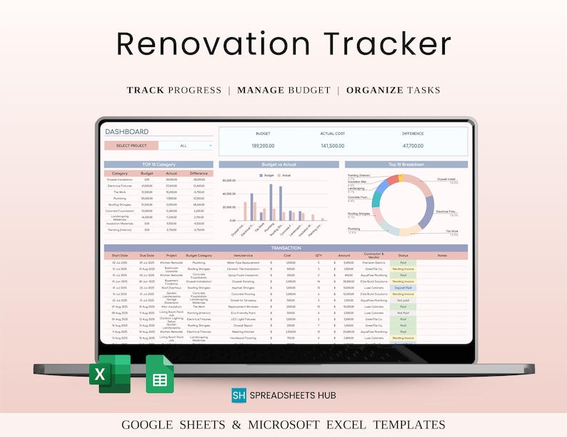 May include: A laptop screen displaying a renovation tracker spreadsheet. The screen shows data organized in tables and charts, with the text "Renovation Tracker" at the top. The text "TRACK PROGRESS | MANAGE BUDGET | ORGANIZE TASKS" is also visible.