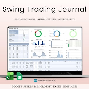 Peut inclure: Un ordinateur portable affichant un "Swing Trading Journal" avec des graphiques et des données financières. Le texte indique "LOG STRATEGY TRIGGERS | ANALYZE HOLD TIMES | OPTIMIZE R:R RATIO". Comprend des modèles Google Sheets et Microsoft Excel.