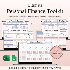Könnte beinhalten: Ein Computerbildschirm zeigt fünf Tabellenblätter für die persönliche Finanzverwaltung an. Die Tabellenblätter sind mit "Net Worth Tracker", "Income and Expense", "Ultimate Monthly Budget", "Budget Planner" und "Sinking Funds" betitelt. Die Tabellenblätter sind für die Verwendung mit Google Sheets und Microsoft Excel konzipiert. Der Text "5 Spreadsheets" wird in einem Kreis mit rosa Hintergrund angezeigt.