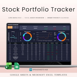Puede incluir: Un ordenador portátil que muestra un panel de control de cartera de acciones con gráficos y datos financieros. El texto "Stock Portfolio Tracker" está en la parte superior. Debajo, iconos de Excel y Google Sheets. Muestra una visión general de los activos y un calendario de pagos inteligentes.