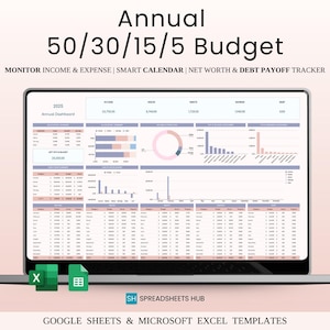 Annual 50/30/15/5 Budget Spreadsheet | Excel & Google Sheets | Personal Finance Tracker