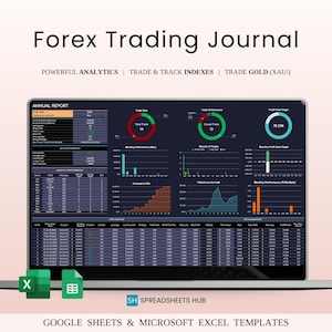 Puede incluir: Un portátil que muestra un Forex Trading Journal con análisis financieros y gráficos. El texto incluye "POWERFUL ANALYTICS" y "GOOGLE SHEETS & MICROSOFT EXCEL TEMPLATES".