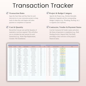May include: A digital transaction tracker with a light pink background. The title "Transaction Tracker" is at the top. The tracker includes sections for transaction dates, cost and quantity, project and budget category, and contractor and payment status.