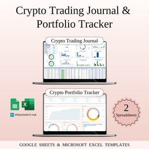 Könnte beinhalten: Zwei Laptops mit Datenvisualisierungen für Krypto-Trading und Portfolio-Tracking. Der obere Laptop zeigt "Crypto Trading Journal", und der untere Laptop zeigt "Crypto Portfolio Tracker". Das Bild enthält auch den Text "2 Spreadsheets".