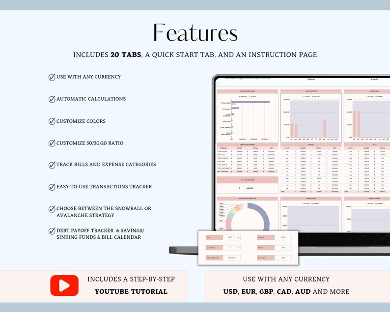 50/30/20 Annual Budget Spreadsheet Template for Excel and Google Sheets