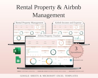 Può includere: Uno schermo di laptop che mostra tre fogli di calcolo per la gestione di proprietà in affitto e Airbnb. I fogli di calcolo sono intitolati "Gestione immobiliare", "Redditi e spese Airbnb" e "Tracker di proprietà Zillow". L'immagine include anche un'icona "X" verde e un'icona di foglio di calcolo verde.