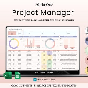 May include: A laptop screen displays a project management dashboard with charts and data. The text reads "All-In-One Project Manager" and "Manage Teams, Tasks, and Timelines in One Dashboard." Icons for Kanban Board, Weekly Planner, Task Tracker, Gantt Chart, and Smart Calendar are visible.