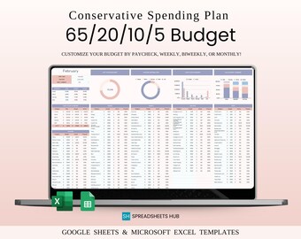 May include: A laptop displays a financial spreadsheet with the text "Conservative Spending Plan 65/20/10/5 Budget." The screen shows charts and data tables. Below the laptop are green Excel and Google Sheets icons. The text "Customize your budget by paycheck, weekly, biweekly, or monthly!" is also visible.