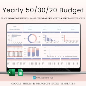 Annual 50/30/20 Budget Spreadsheet | Excel & Google Sheets | Yearly Finance Planner