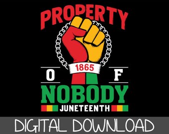 May include: A graphic design with a red, yellow, and green fist in chains. The text "PROPERTY OF NOBODY" is above and below the fist. The year "1865" is on a white banner around the fist. The text "JUNETEENTH" is below the fist.