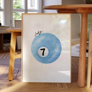 Lucky 7 Ball Wall Art, Vintage Pool Ball Print, Light Blue Pool Ball Poster, Retro Hand Drawn Bedroom Print, Trendy Aesthetic Digital Art