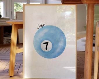 Lucky 7 Ball Print, Vintage Blue Pool Ball Poster (Digital Art)