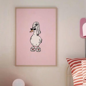Duck in slippers art print, Pink Retro Wall Art, Funny Bathroom Art Print, Duck Print, Trendy Home Decor, Duck in Head Towel Art Drawing