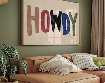 Howdy Art Print, Colorful Typography Wall Art, Retro Howdy Print, Western Cowboy Decor, Howdy Quote Art Horizontal, Texas Cowgirl Art Print