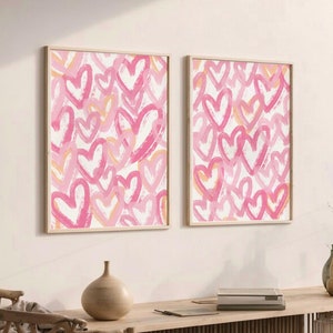 Lot de 2 impressions coeurs roses, affiche coeur rose BCBG, art mural abstrait coeurs tendance, décoration de dortoir girly, art esthétique pour chambre de bébé rose clair