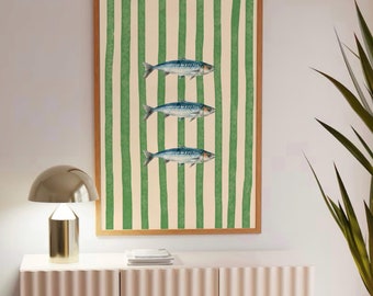 Sardine Print, Green Watercolor Poster, Kitchen Wall Art, Retro Sardine Fish Print, Green Striped Lines Art, Seafood Wall Art Minimalist