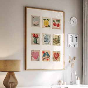 Vintage Briefmarken Druck, Retro Wandkunst, Briefmarkensammlung Poster, trendiges digitales Poster, Wohnung Dekor, ästhetischer PreppyPrint, YK2 Kunstdruck