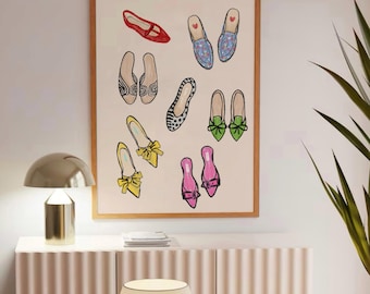 Designer schoenen Art Print, trendy mode schoenen handgetekende schets, kleurrijke stijlvolle poster, esthetische appartement slaapzaal decor girly kunst aan de muur