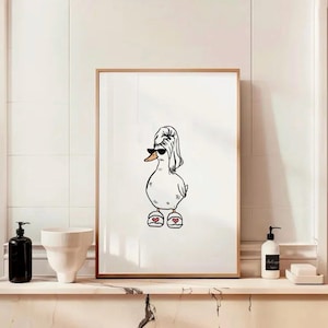 Ente in Pantoffeln Kunstdruck, coole Ente in Herz Pantoffel Poster, Retro Wandkunst, funky Badezimmer Poster, Duschkopf It Girl trendy Kunstdruck