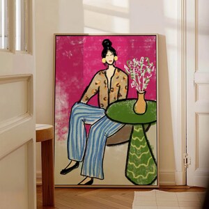 Impresión abstracta de personas, arte mural rojo y rosa de los años 70, póster femenino colorido de mujer, arte lineal retro de rayas azules, impresión maximalista dibujada a mano
