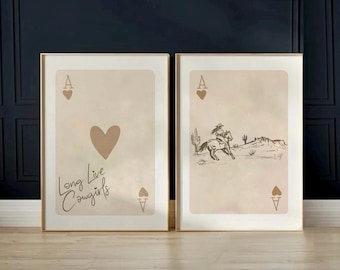 Long Live Cowgirl Set of 2 Prints, Western Neutral Wall Art, Cowgirl Playing Card Sketch, Western Abstract Poster, Ace of Heart Beige Poster