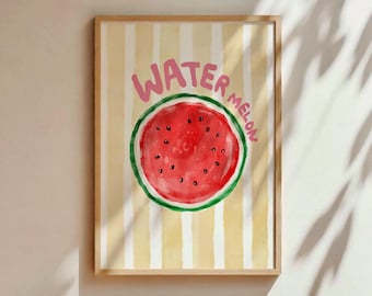 Fruit Watercolor Art Print, Watermelon Wall Art, Retro Kitchen Decor, Whimsical Red Fruit Poster, Striped Line Art Summer Fruit Market Print