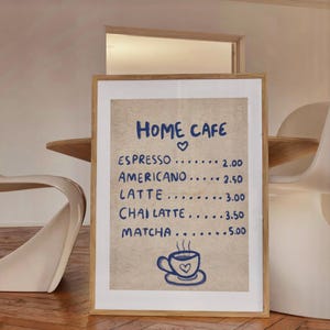 Impressão de arte de menu de café, arte de parede de cozinha moderna, pôster moderno de menu de cafeteria, arte de citação estética azul, impressão digital de decoração de casa retrô e descolada