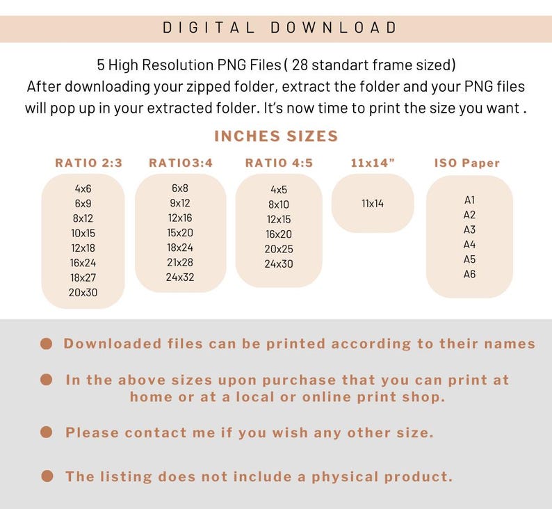 May include: A digital download listing for printable wall art in various sizes. The image shows a chart with different aspect ratios and corresponding dimensions in inches, including 4x6, 6x9, 8x12, 10x15, 12x18, 16x24, 18x27, 20x30, 6x8, 9x12, 12x16, 15x20, 18x24, 21x28, 24x32, 4x5, 8x10, 12x15, 16x20, 20x25, 24x30, 11x14, A1, A2, A3, A4, A5, A6.