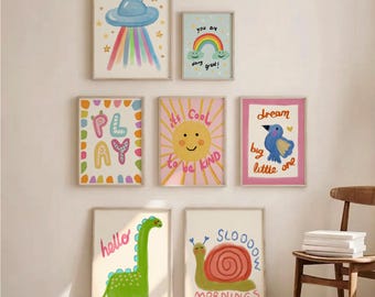 Whimsical Kids Room Nursery Wall Art Trendy Eclectic Artworks Retro Illustration Playroom Decor Toddler Cool Kids Club