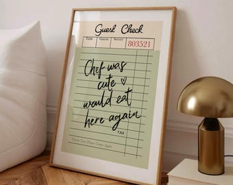 Guest Check Print, Trendy Chef Was Cute Would Eat Here Again Wall Art, Retro Kitchen Poster, Dining Room Print, Green Guest Check Poster