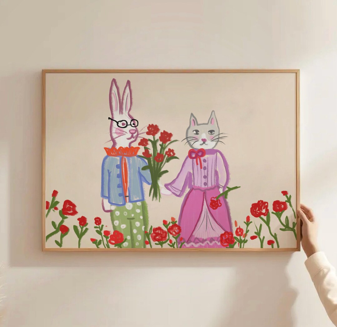 Cat And Rabbit Designs Cute Animal Illustration Art Print, Cat and Rabbit Nursery Wall Art ...