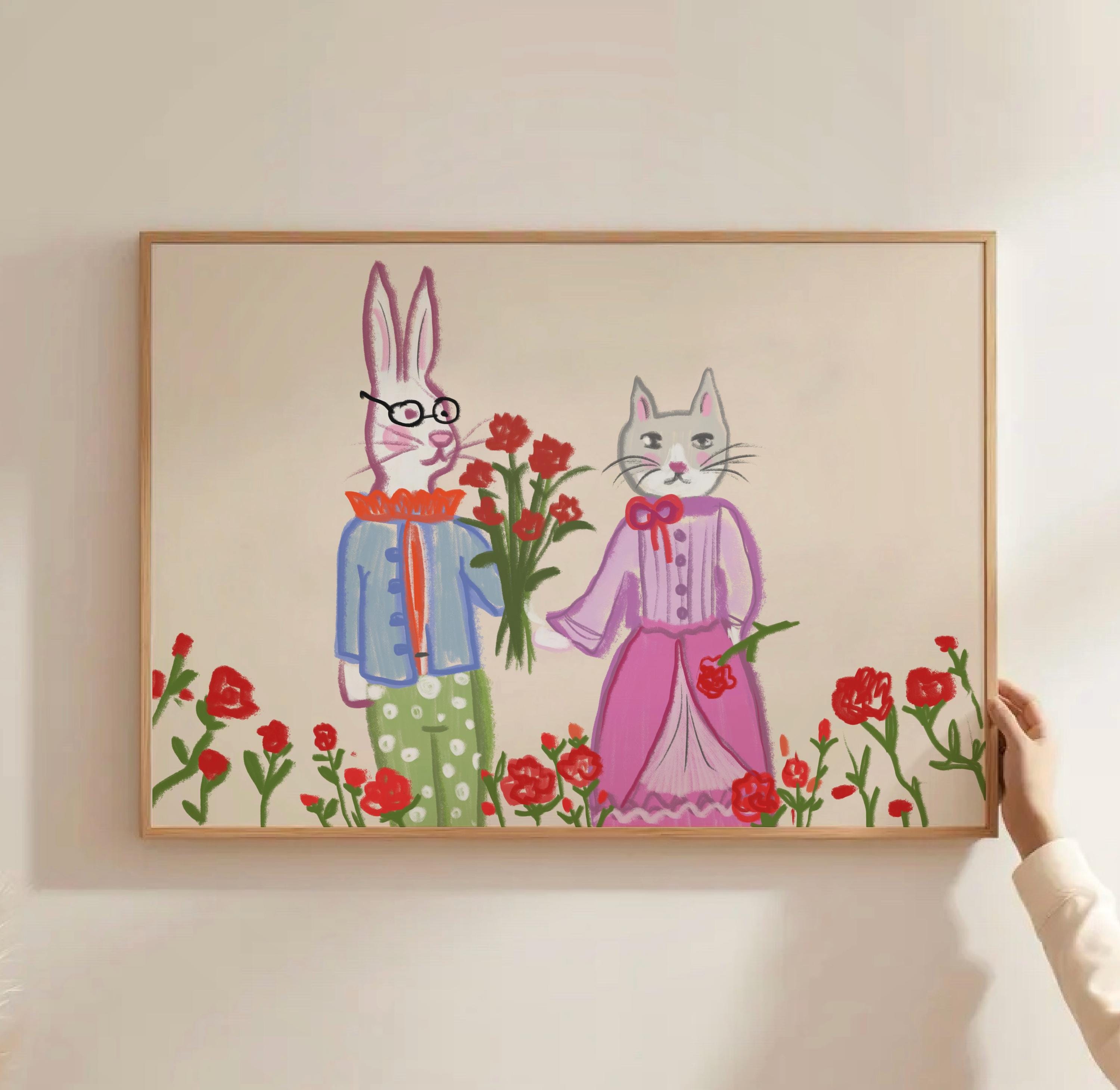 Cat And Rabbit Designs Cute Animal Illustration Art Print, Cat and Rabbit Nursery Wall Art ...