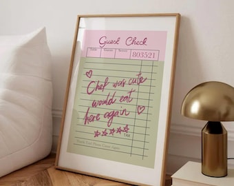 Guest Check Print, Trendy Chef Was Cute Would Eat Here Again Wall Art, Retro Kitchen Poster, Dining Room Print, Green Pink Guest Check Art
