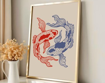 Impresión de pez koi, arte de pared japonés de koi, impresión de arte animal retro azul y rojo, póster digital dibujado a mano, ilustración de pez koi, póster de moda