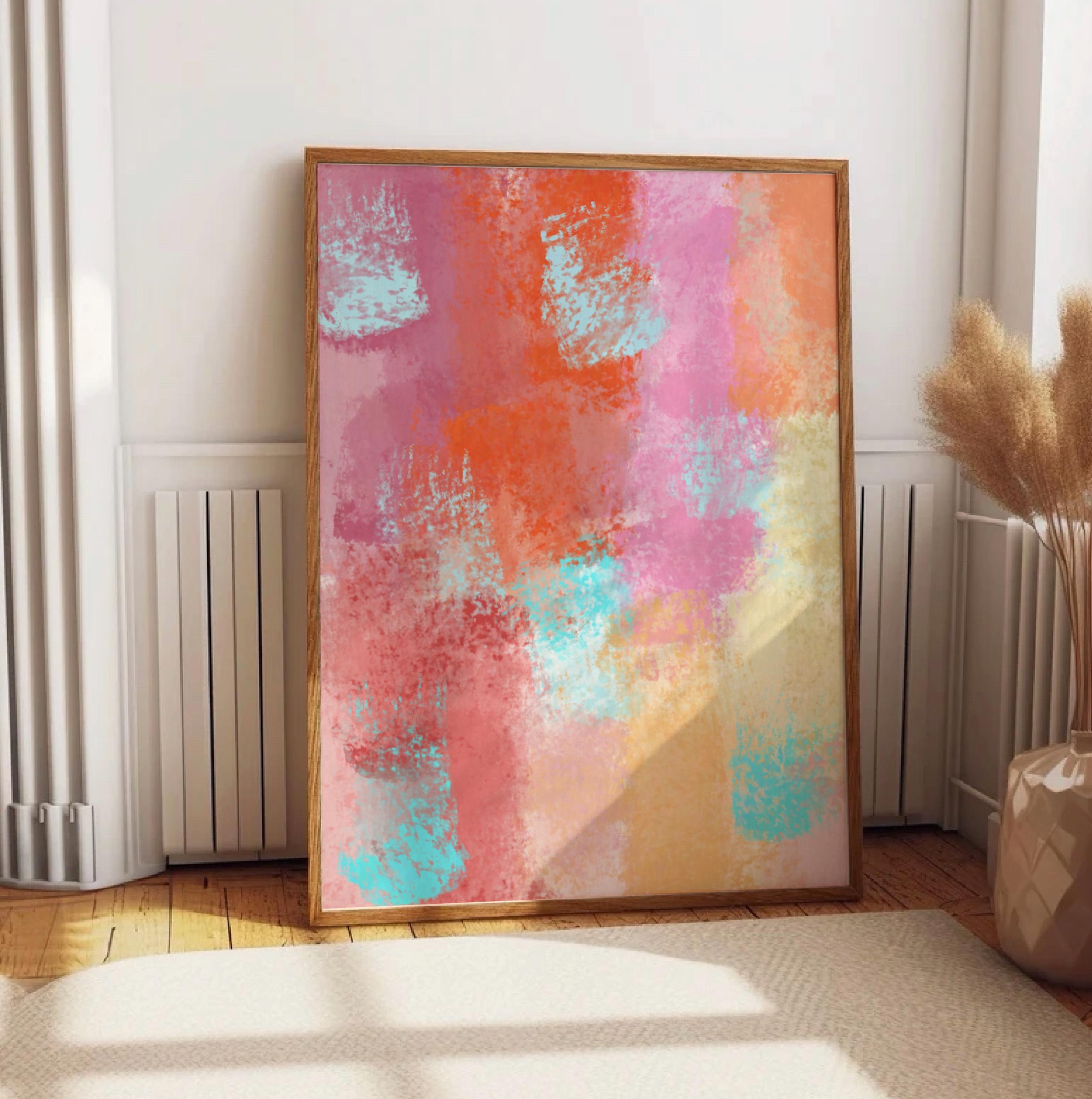 Set of 3 Colorful Abstract Print, Blue Pink Orange Wall Art, Brush ...