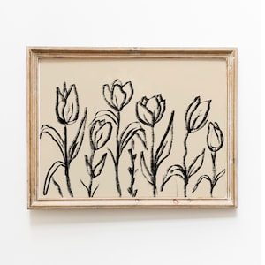 Minimalistischer Tulpendruck, Tulpenlinie Kunst Zeichnung, Tulpenillustrations-Plakat, Blume Neutraler beige schwarzer Druck, abstrakte Blumen digitale Skizze