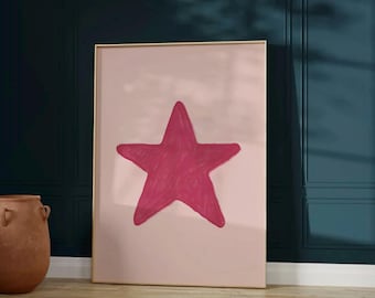 Pink Star Art Print, Retro Star Poster, Hand Drawn Star Wall Art, Trendy Aesthetic Sketch Art, Girly Preppy Wall Art, Apartment Decor