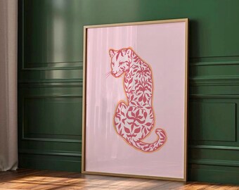 Pink Cheetah Floral Art Print, Preppy Maximalist Decor (Digital Download)